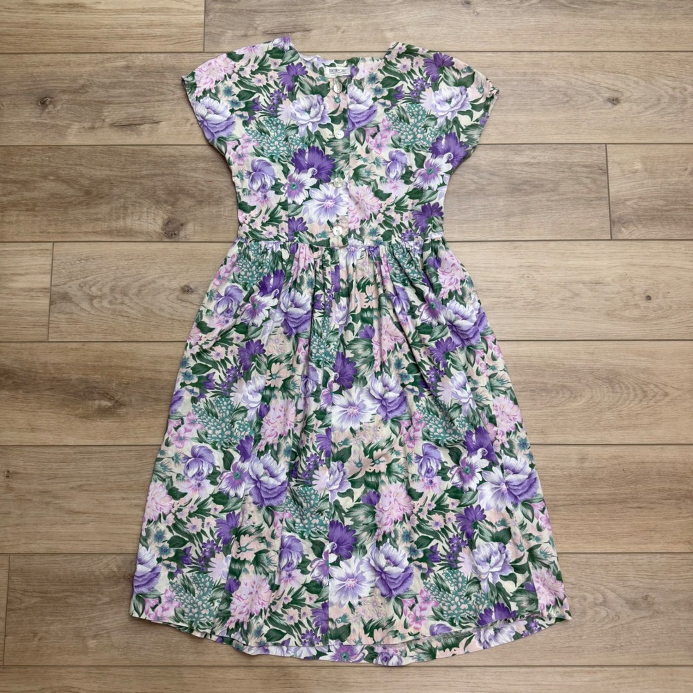 Vintage Purple Floral Button Top Fit and Flare Midi Dress Cottagecore Soft Girl